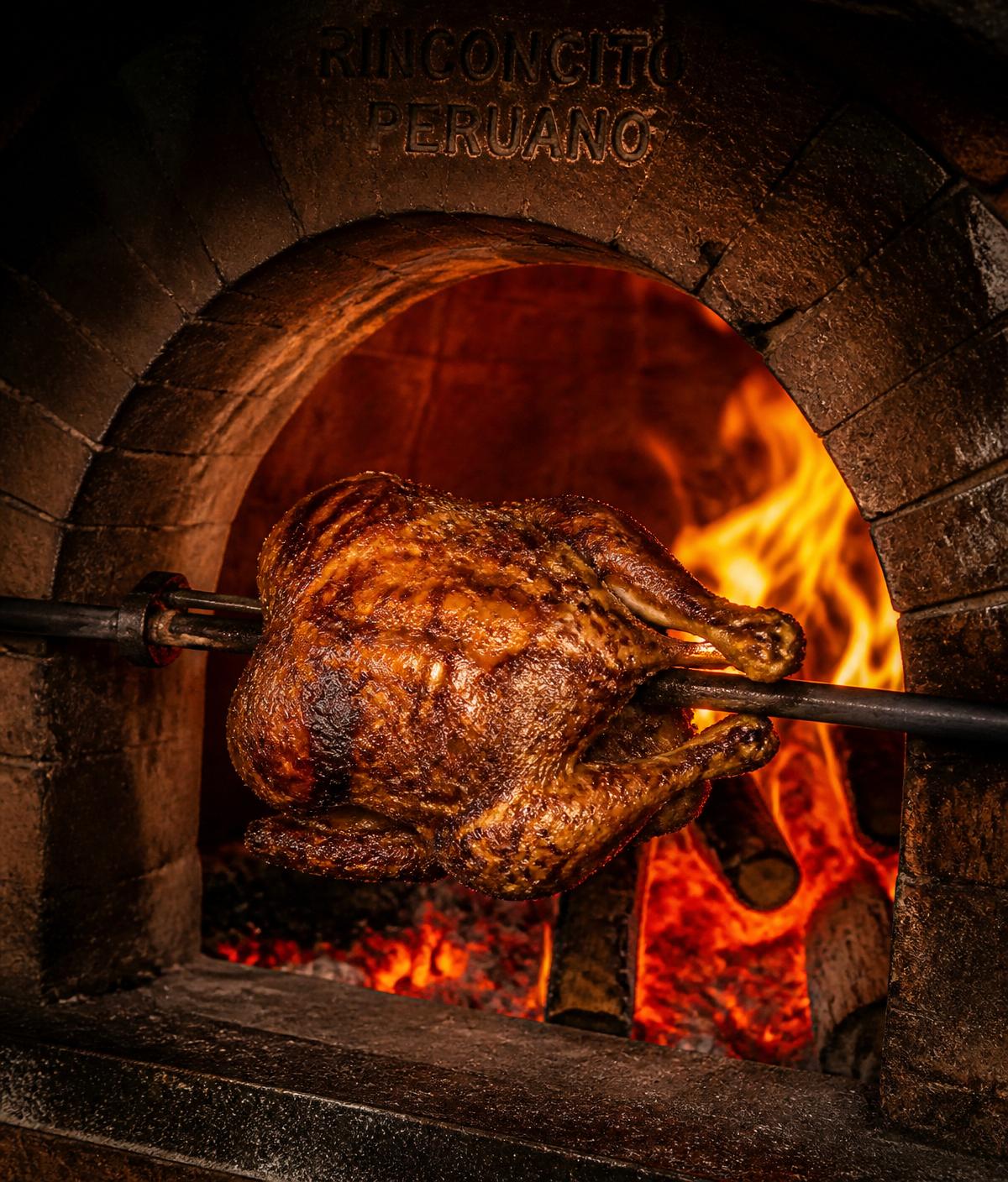 Horno de leña tradicional con pollo dorándose